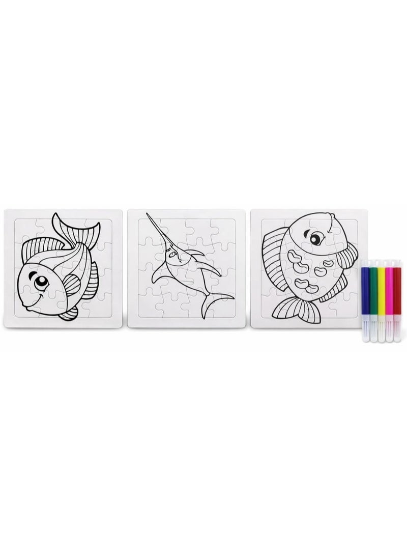 Fikriyah Kids Coloring Puzzle Set – 3 Puzzles in 1 Pack with Marker Colors – Fun Educational DIY Activity - Image 1