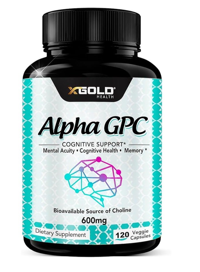 X Gold Health Alpha GPC Choline Supplement Supports Memory & Brain Function, Boosts Focus & Mood 600mg 120 Caps