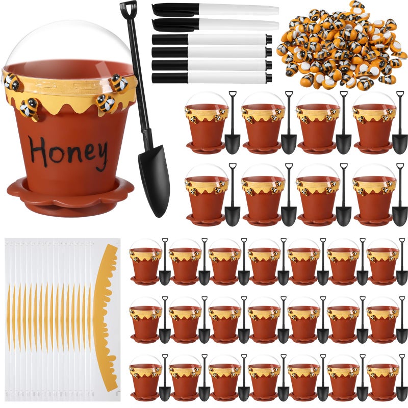 Jingmore 30 Sets Bee Honey Jars Party Favors Bulk Mini Plastic Bee Theme Honey Jar Pots Decoration with Lids Dippers and Saucers for DIY Cupcake Dessert Baby Shower Wedding Party Gift Set Brown - Image 2