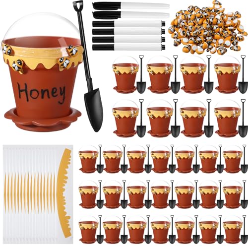 Jingmore 30 Sets Bee Honey Jars Party Favors Bulk Mini Plastic Bee Theme Honey Jar Pots Decoration with Lids Dippers and Saucers for DIY Cupcake Dessert Baby Shower Wedding Party Gift Set Brown - Image 1