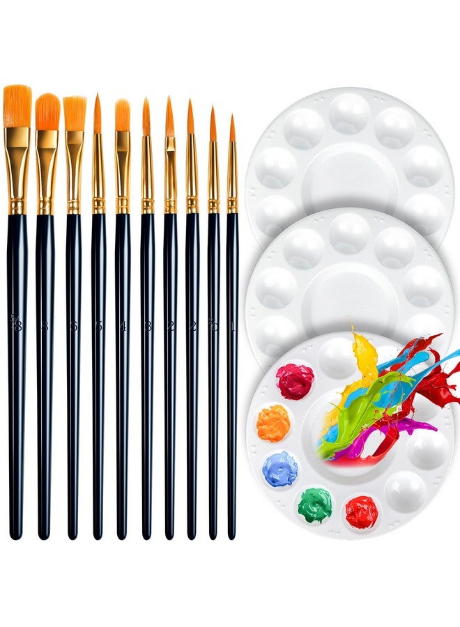 فندامي مجموعة لوحات صينية طلاء مستديرة وفرش طلاء، 3 قطع من لوحات الطلاء البلاستيكية، 10 قطع من فرش طلاء الأكريليك، فرش طلاء شعر نايلون للألوان المائية الزيتية الأكريليك - Image 1