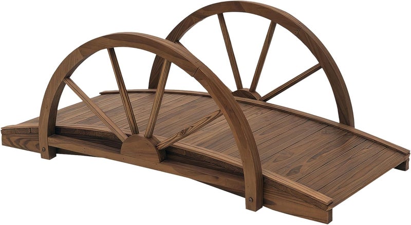 Outsunny 3.3ft Wooden Garden Bridge Arc Footbridge with Half-Wheel Style Railings & Solid Fir Construction, Stained Wood - Image 1