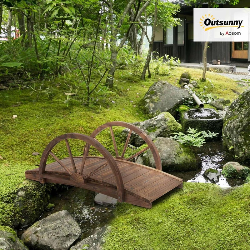 Outsunny 3.3ft Wooden Garden Bridge Arc Footbridge with Half-Wheel Style Railings & Solid Fir Construction, Stained Wood - Image 2