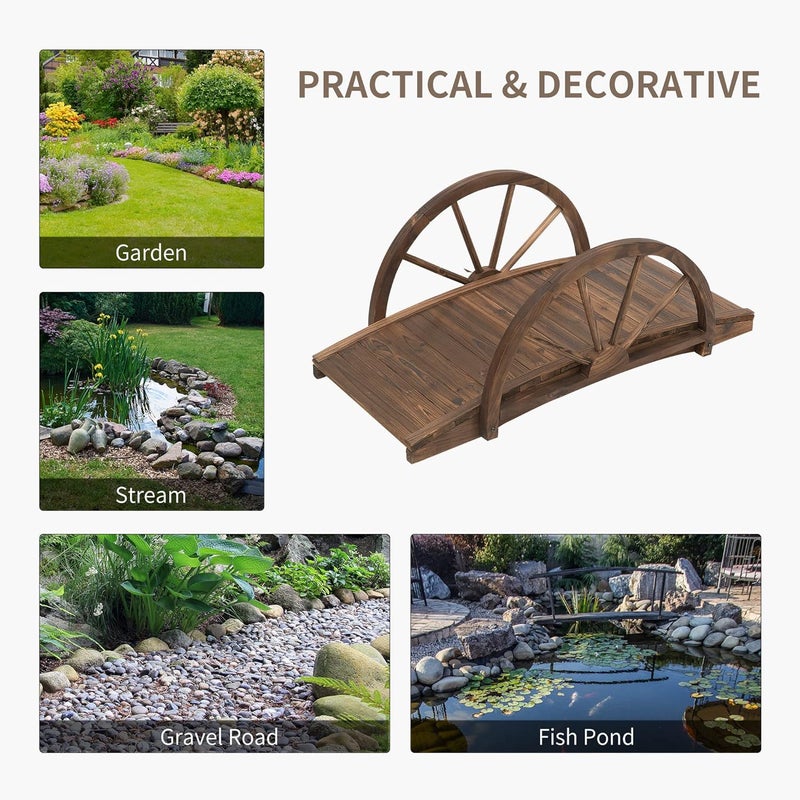 Outsunny 3.3ft Wooden Garden Bridge Arc Footbridge with Half-Wheel Style Railings & Solid Fir Construction, Stained Wood - Image 5