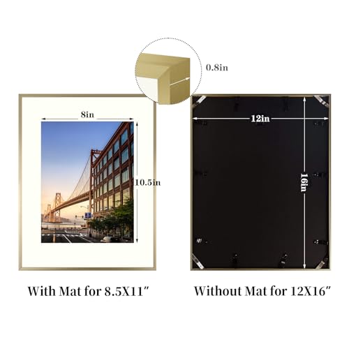Frametory, 12x16 Aluminum Picture Frame - 12 x 16 Gold Frame with Removable Mat for 8.5 x 11 Photo - 16 by 12 Durable Metal Frame with Real Glass - Sawtooth Hanger for Easy Wall Display - 1 Pack - Image 3