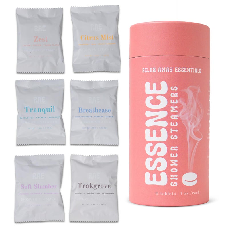 Relax Away Essence Shower Steamers 6 Pack Essential Oil Aromatherapy Tranquil Citrus Mist Breathe Ease Teak Grove Soft Slumber Zest Rejuvenate Relax EarthFriendly Packaging