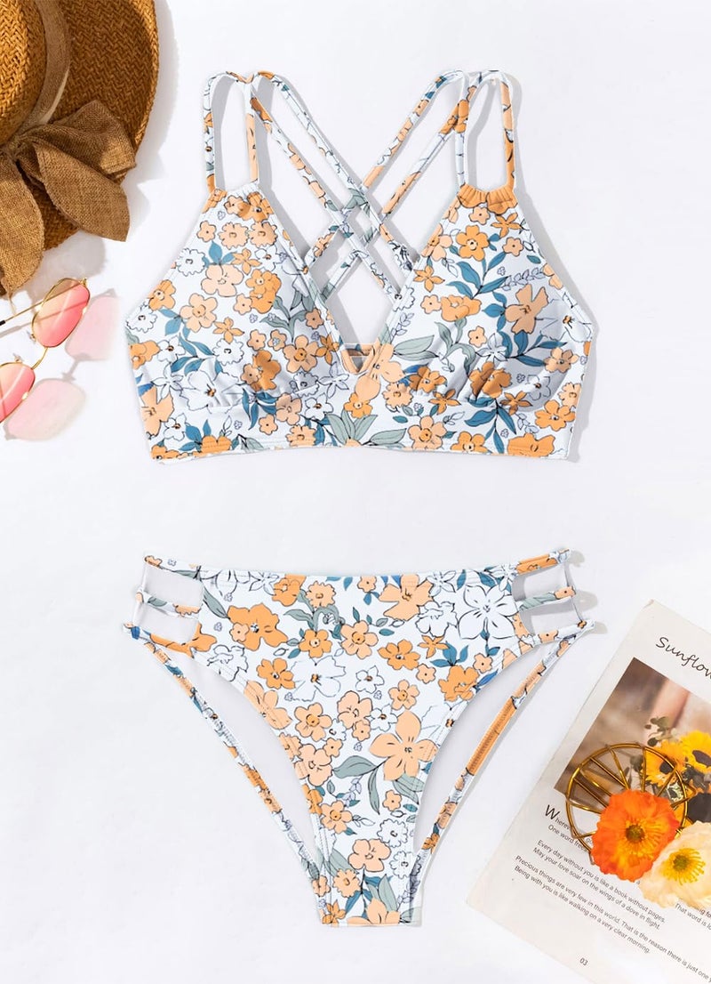 Tainehs Women's Push Up V Neck Bikini Sets Criss Cross Back Two Piece Bathing Suit Yellow Floral - Image 3