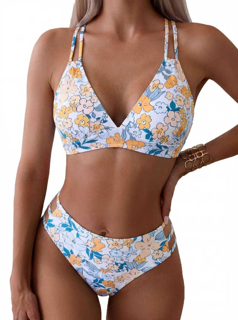 Tainehs Women's Push Up V Neck Bikini Sets Criss Cross Back Two Piece Bathing Suit Yellow Floral - Image 1