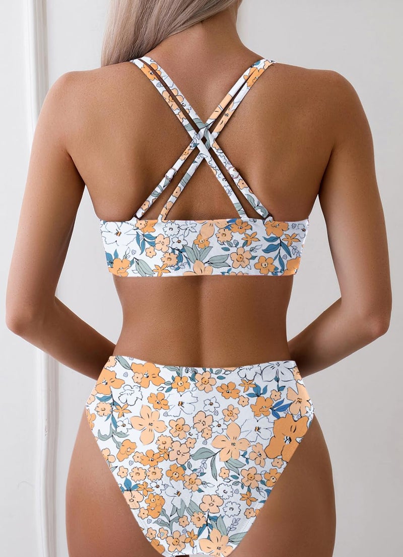 Tainehs Women's Push Up V Neck Bikini Sets Criss Cross Back Two Piece Bathing Suit Yellow Floral - Image 2