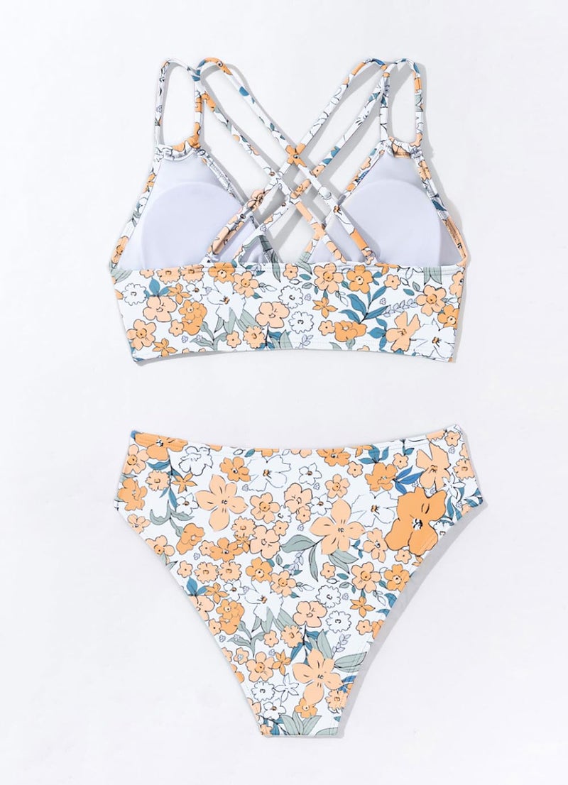 Tainehs Women's Push Up V Neck Bikini Sets Criss Cross Back Two Piece Bathing Suit Yellow Floral - Image 4