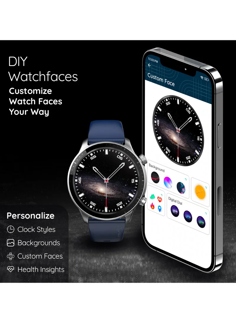 بيبل Cosmos Luxe 3، 1.43 بوصة Amoled Display Smartwatch، قرص دائري الشكل، متوافق مع Android وiOS، IP67 مقاوم للماء، جناح صحي، وجوه ساعة متعددة، مساعدة صوتية للذكاء الاصطناعي، أزرق شتوي