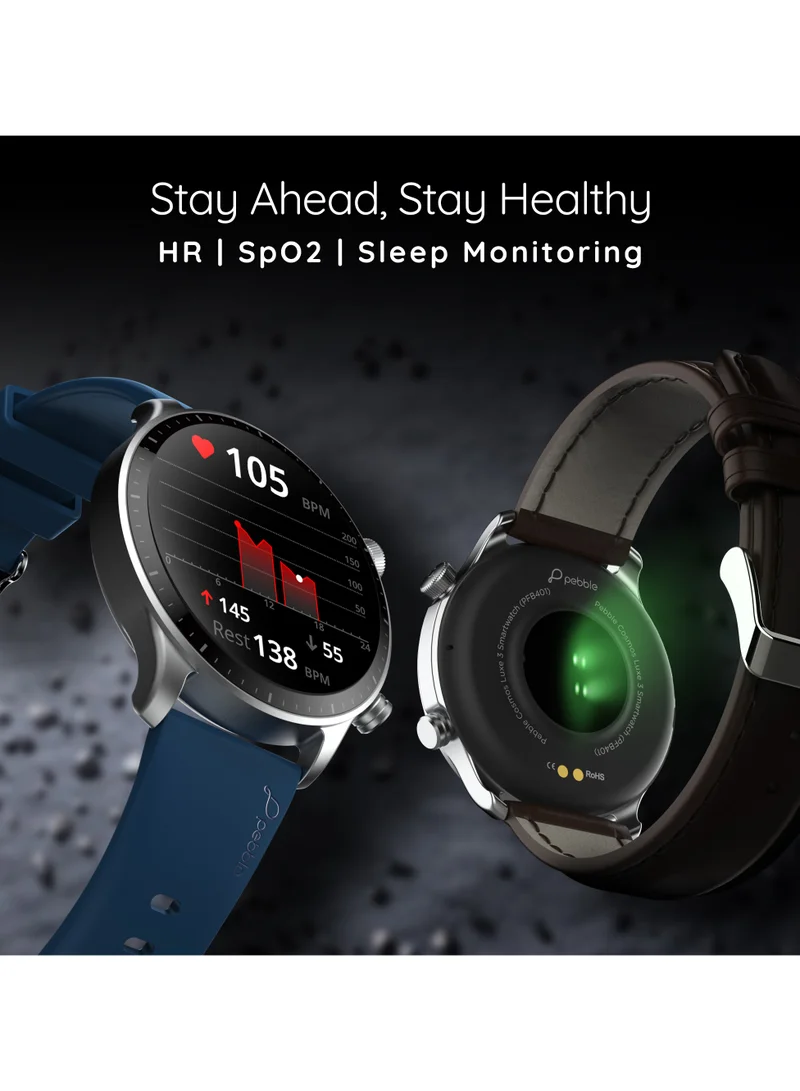 بيبل Cosmos Luxe 3، 1.43 بوصة Amoled Display Smartwatch، قرص دائري الشكل، متوافق مع Android وiOS، IP67 مقاوم للماء، جناح صحي، وجوه ساعة متعددة، مساعدة صوتية للذكاء الاصطناعي، أزرق شتوي