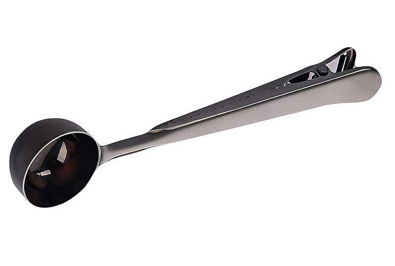 UPKARANWALE Coffee Scoop Clip Stainless Steel Coffe Measuring Spoon with Sealing Clips Black Set of 1 - Image 1