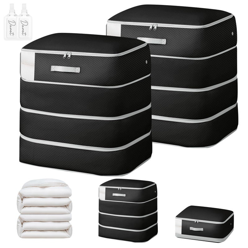 Easortm Comforter Storage Bag - 130L Large Capacity Blanket Storage Bags 4-Layer Ultra Space Saving Self Compression Organizer, Washable Compression Bags for Storage Comforter Blanket, 2-Pack, Black - Image 1