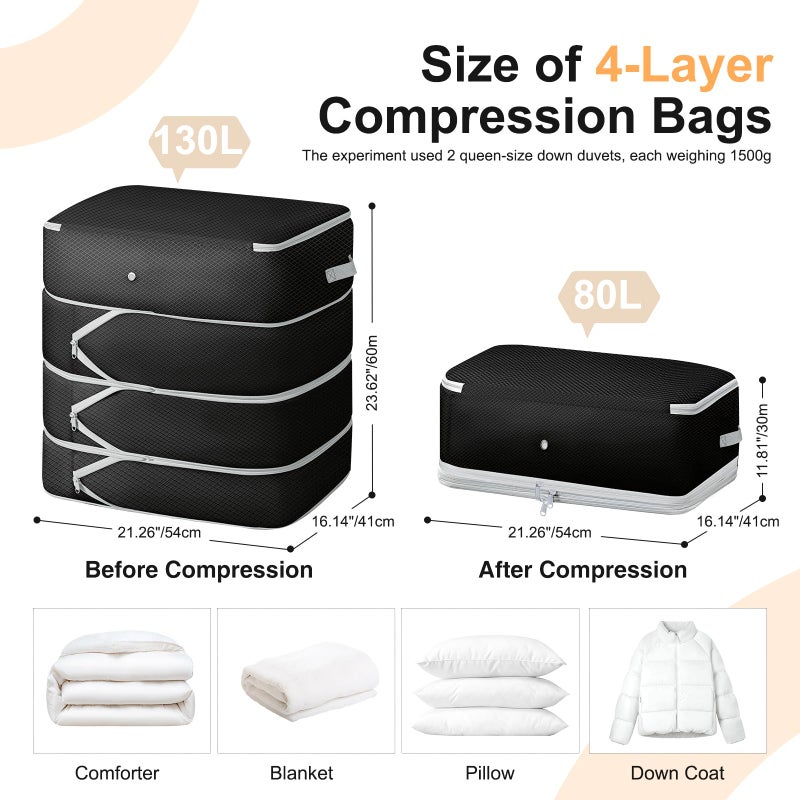 Easortm Comforter Storage Bag - 130L Large Capacity Blanket Storage Bags 4-Layer Ultra Space Saving Self Compression Organizer, Washable Compression Bags for Storage Comforter Blanket, 2-Pack, Black - Image 2