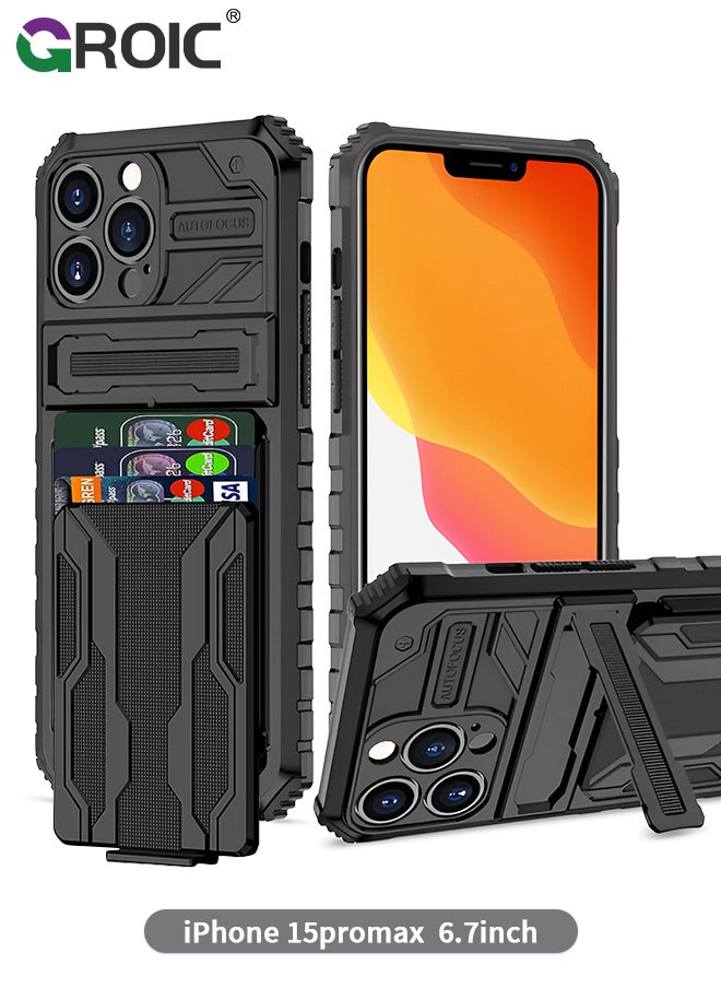 GROIC - Compatible with iPhone 15 Pro Max Black Case with Wallet Card Holder, Built-in Stand & Screen Protectors, Full Body Shockproof Protection Phone Case for iPhone 15 Pro Max - Image 1