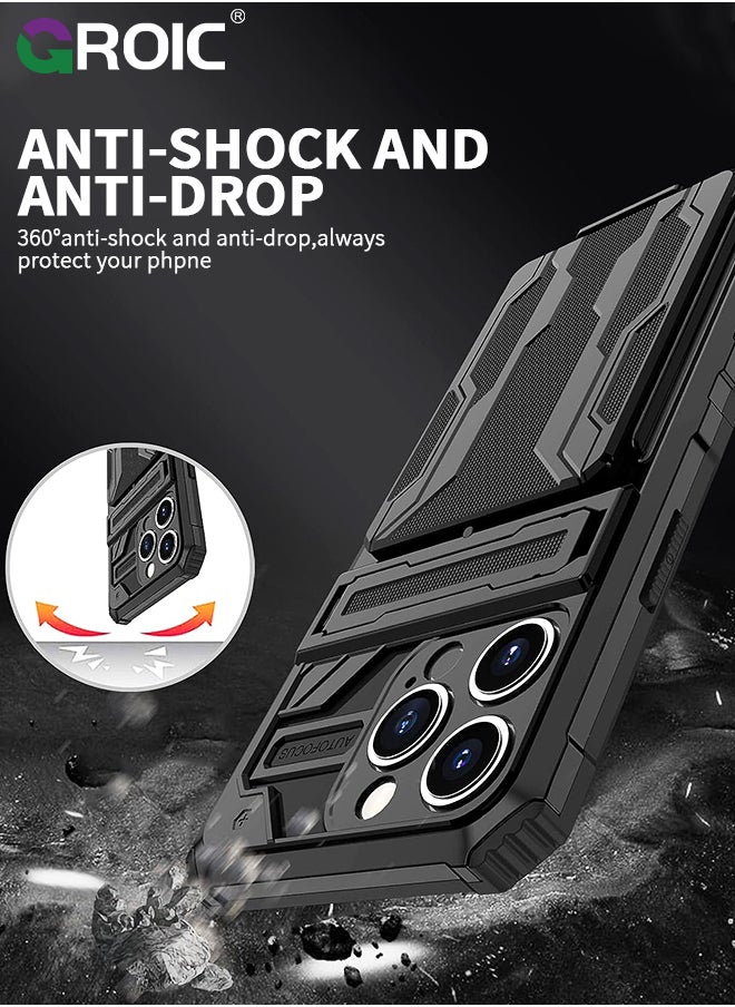 GROIC - Compatible with iPhone 15 Pro Max Black Case with Wallet Card Holder, Built-in Stand & Screen Protectors, Full Body Shockproof Protection Phone Case for iPhone 15 Pro Max - Image 1