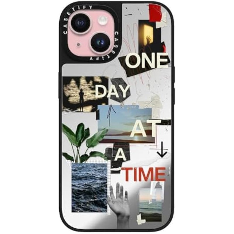 Casetify Mirror iPhone 15 Case 【Reflective / 4.9ft Drop Protection/Compatible with Magsafe】 - One Day at A Time by Malavika Natesh - Silver on Black - Image 1