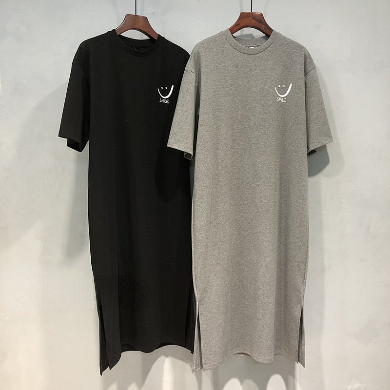 Summer Casual College Style Printed Tee Dress Women Grey - Image 1