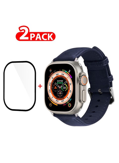 2 Packs For Apple Watch Band 49mm Leather Band Buckle Strap Wristband and 3D Screen Protector Dark Blue