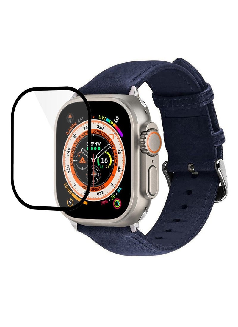 2 Packs For Apple Watch Band 49mm Leather Band Buckle Strap Wristband and 3D Screen Protector Dark Blue