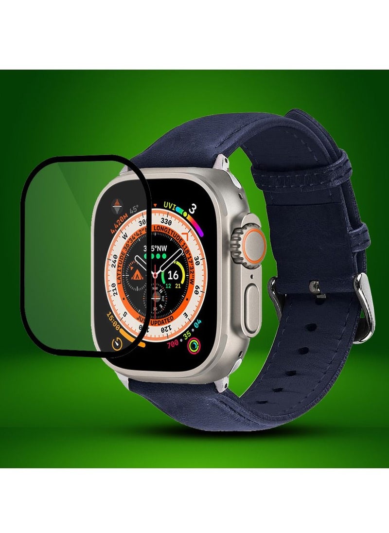 2 Packs For Apple Watch Band 49mm Leather Band Buckle Strap Wristband and 3D Screen Protector Dark Blue