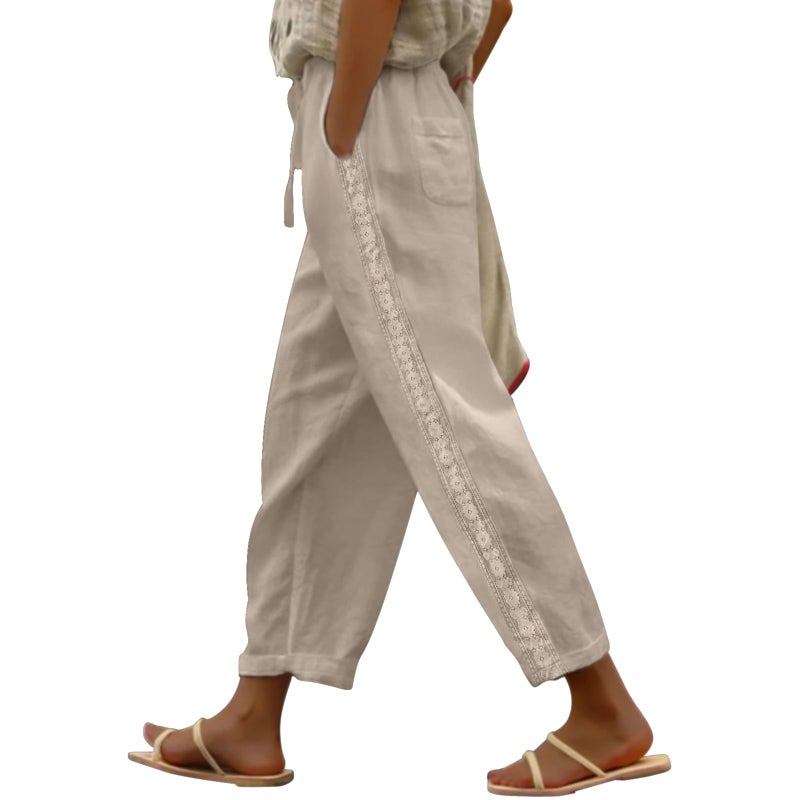 Puimentiua Women Linen Pants Lightweight Pants with Lace Side Summer Casual Beach Drawstring Elastic Waist Trousers Khaki - Image 1