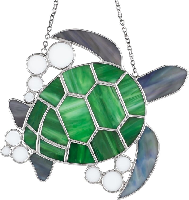 Amyhill 6.75 x 6.25 Inch Stained Glass Window Hanging Sea Turtle Suncatcher Home Decor Gift for Women, Wife, Mom, Grandma, Birthday Nature Lover Window Ornament Indoor Outdoor Decor - Image 1