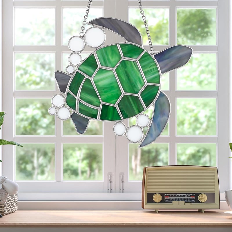 Amyhill 6.75 x 6.25 Inch Stained Glass Window Hanging Sea Turtle Suncatcher Home Decor Gift for Women, Wife, Mom, Grandma, Birthday Nature Lover Window Ornament Indoor Outdoor Decor - Image 5