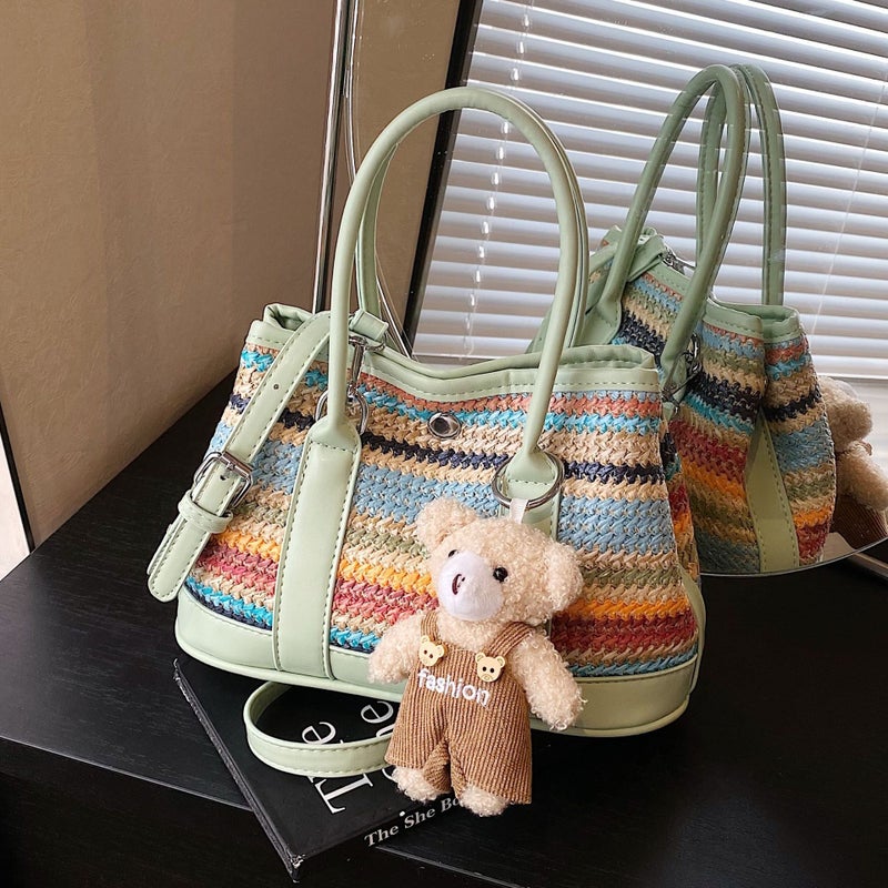 Hand-Held Contrasting Color Woven Straw Bag For Women 2025 Korean Style Fashion Bucket Bag Niche Simple Casual Texture Cross-Body Bag - Image 2