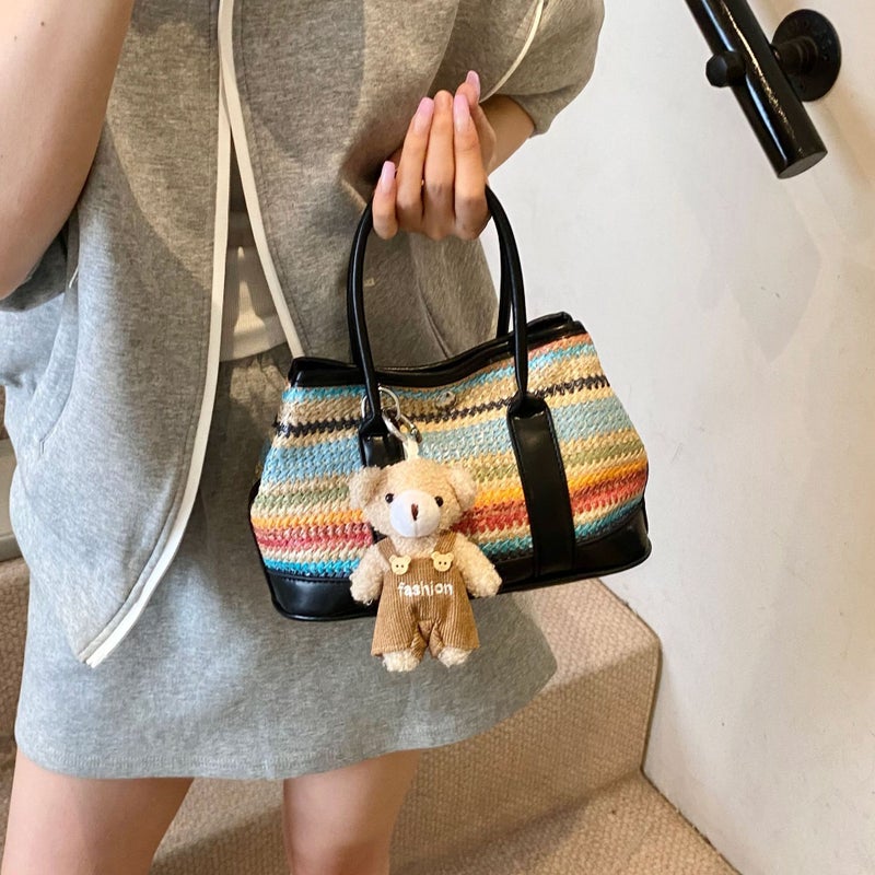 Hand-Held Contrasting Color Woven Straw Bag For Women 2025 Korean Style Fashion Bucket Bag Niche Simple Casual Texture Cross-Body Bag - Image 3