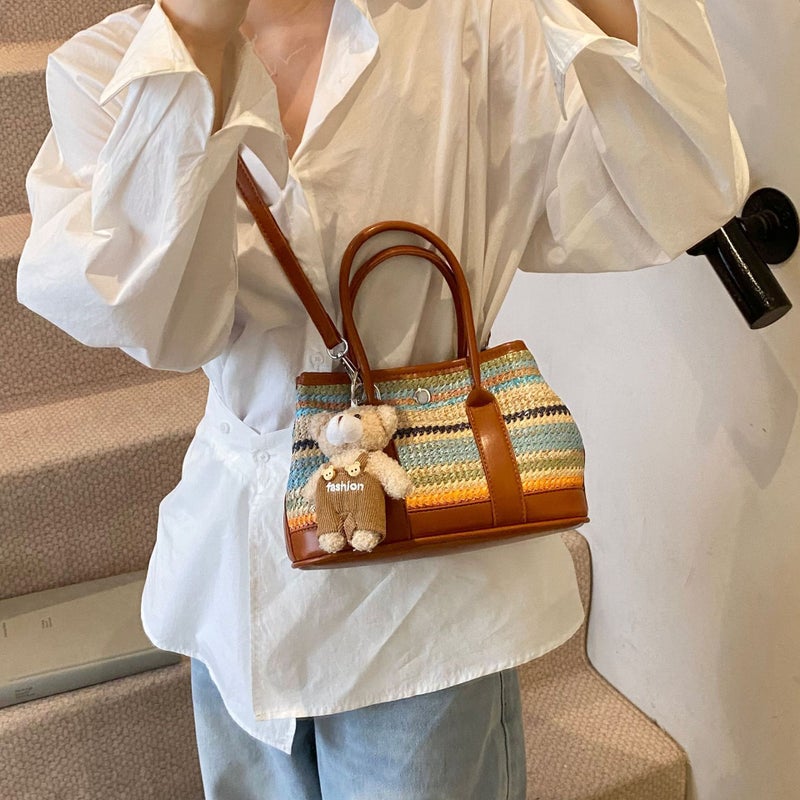 Hand-Held Contrasting Color Woven Straw Bag For Women 2025 Korean Style Fashion Bucket Bag Niche Simple Casual Texture Cross-Body Bag - Image 4