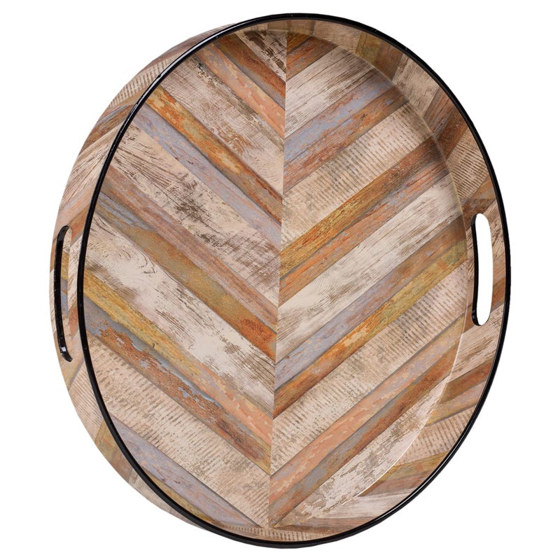 MAONAME 13 Round Decorative Tray Plastic Tray with Handles Coffee Table Trays Serving Trays for Ottoman Bathroom Kitchen Multicolored Wooden Sticker