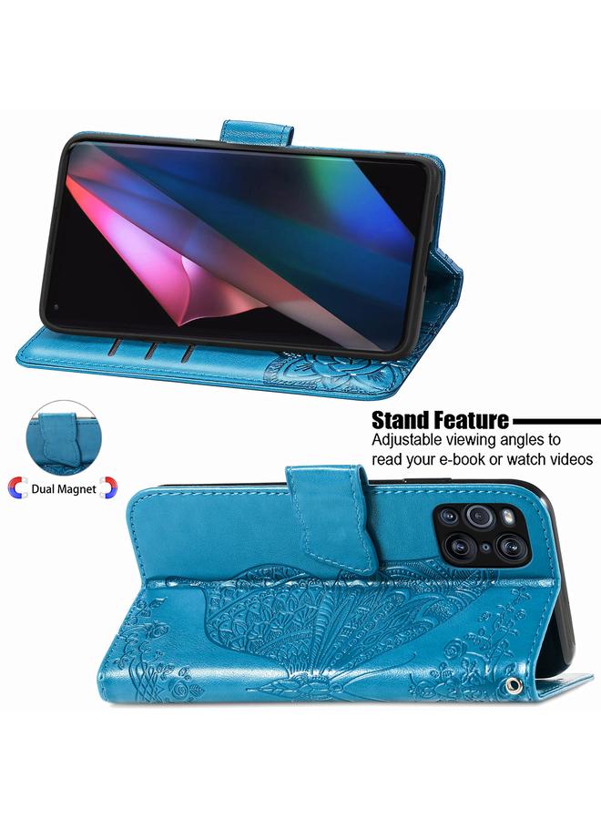 اس-توب جراب لهاتف OPPO Find X3 Pro، جراب جلدي أفقي منقوش عليه زهور حب الفراشات مع حامل وفتحات للبطاقات ومحفظة وحبل تعليق - Image 4