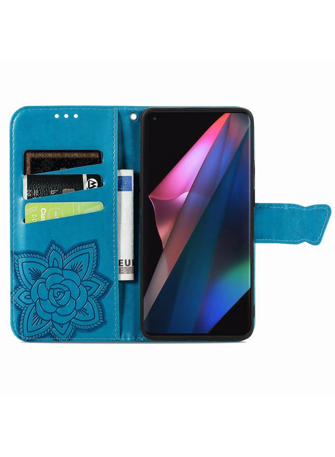 اس-توب جراب لهاتف OPPO Find X3 Pro، جراب جلدي أفقي منقوش عليه زهور حب الفراشات مع حامل وفتحات للبطاقات ومحفظة وحبل تعليق - Image 3