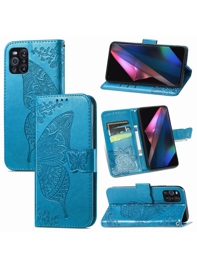 اس-توب جراب لهاتف OPPO Find X3 Pro، جراب جلدي أفقي منقوش عليه زهور حب الفراشات مع حامل وفتحات للبطاقات ومحفظة وحبل تعليق - Image 1