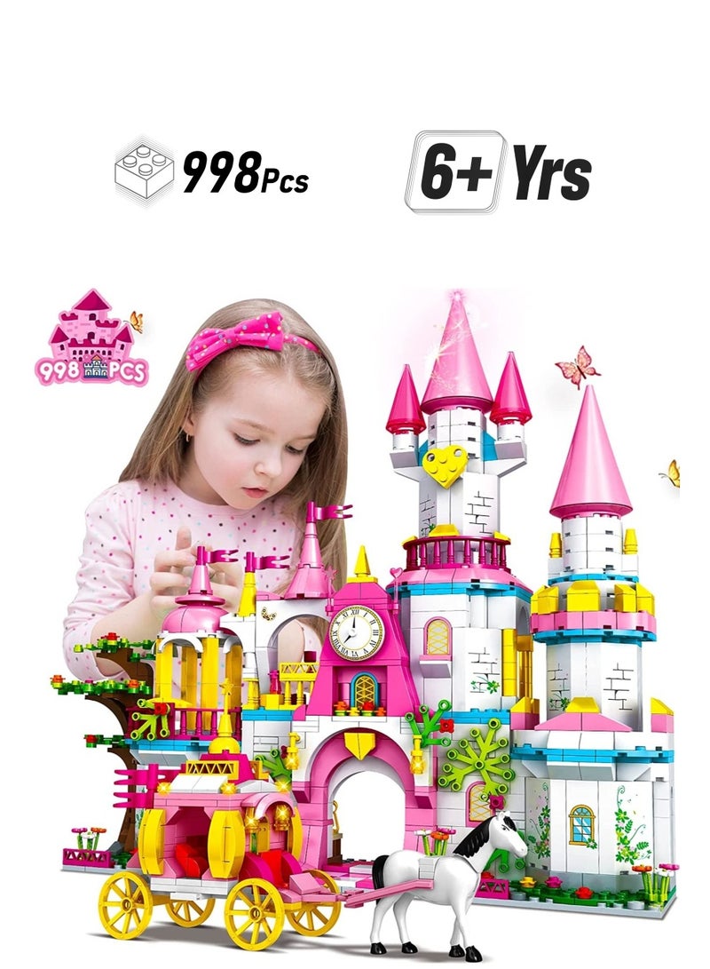 Y&D Girls Castle STEM Building Toys - 998 PCS Sets for Age 6 7 8 9 10 11 12 Years Old | 5-in-1 Pink Princess & Carriage Creative Blocks Kits Gift Kids - Image 1