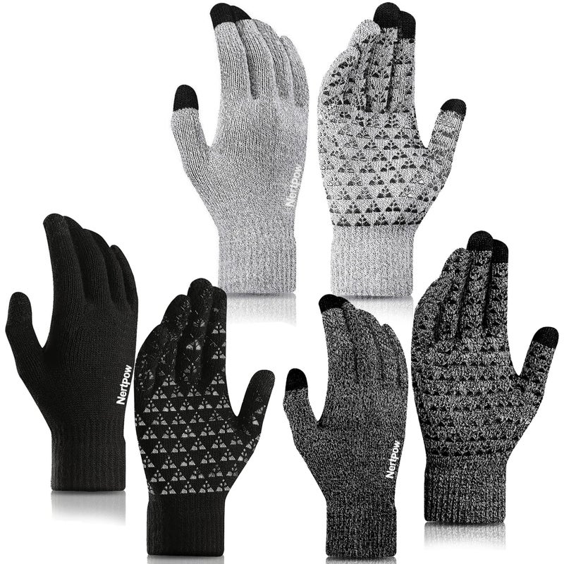 Nertpow Winter Gloves 3 Packs, Men & Women's Knit Anti-slip Gloves with Warm Fleece Lined (Black, White, Soft Gray, White-M) - Image 1