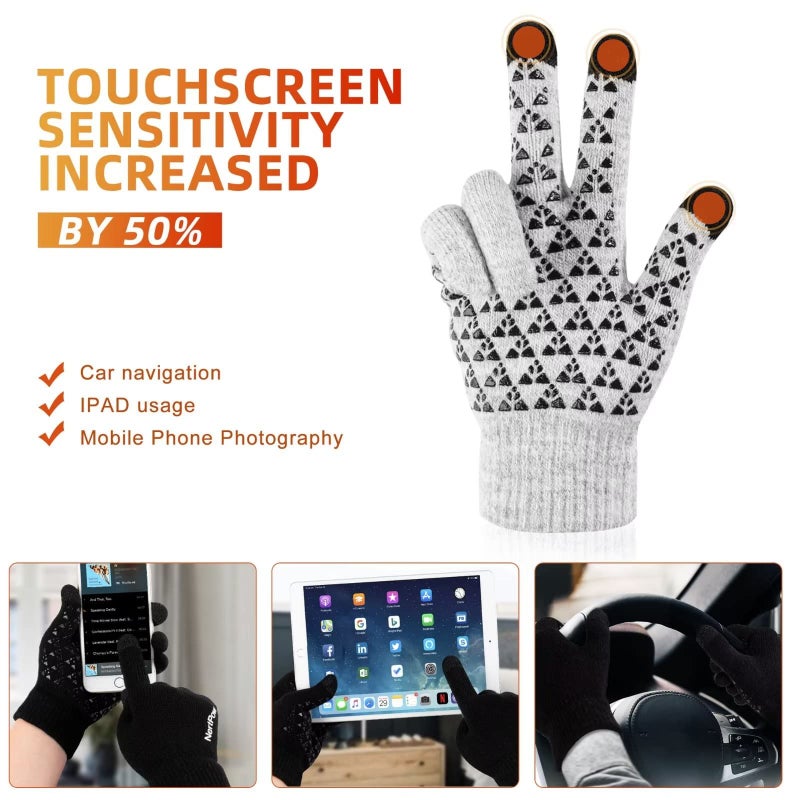 Nertpow Winter Gloves 3 Packs, Men & Women's Knit Anti-slip Gloves with Warm Fleece Lined (Black, White, Soft Gray, White-M) - Image 3