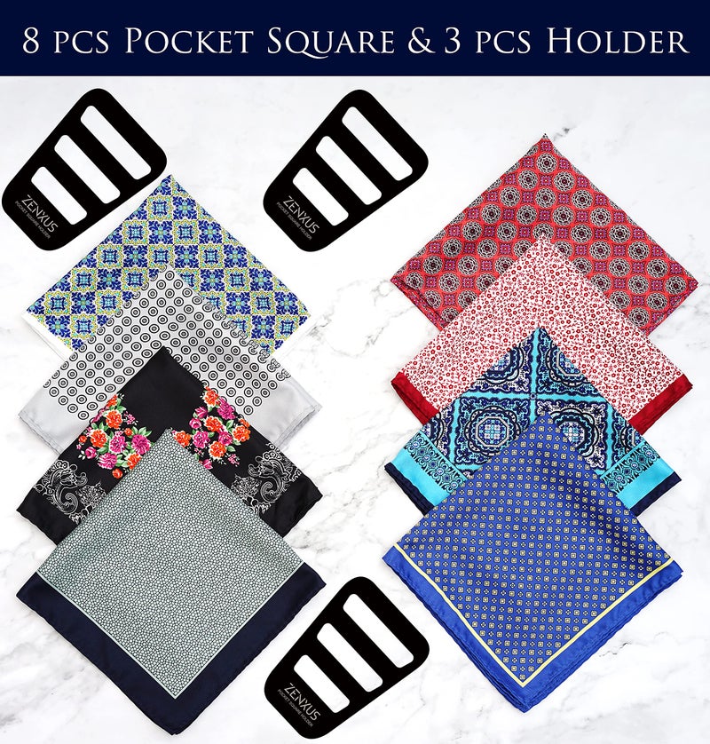 ZENXUS Printed Pocket Squares 8-Pack, plus 3 Folds Holder, Penetrating Printed Men's Handkerchiefs, Sewn by Hand - Image 2