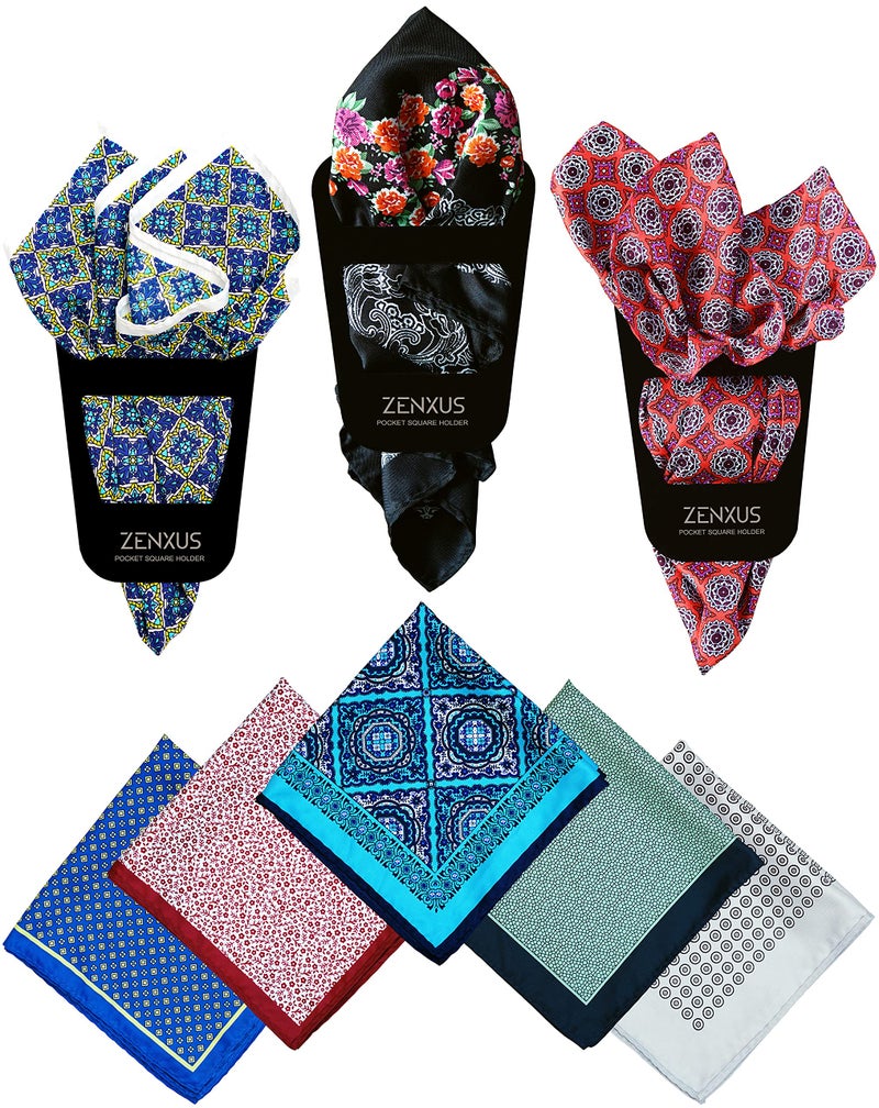 ZENXUS Printed Pocket Squares 8-Pack, plus 3 Folds Holder, Penetrating Printed Men's Handkerchiefs, Sewn by Hand - Image 1