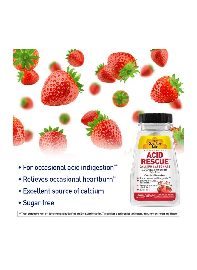 Country Life Acid Rescue Calcium Carbonate Clean Formula 1000Mg Talc Free 60 Chewable Berry Flavor Tablets Sugarfree Certified Gluten Free Certified Vegan Nongmo Verified  - Image 5