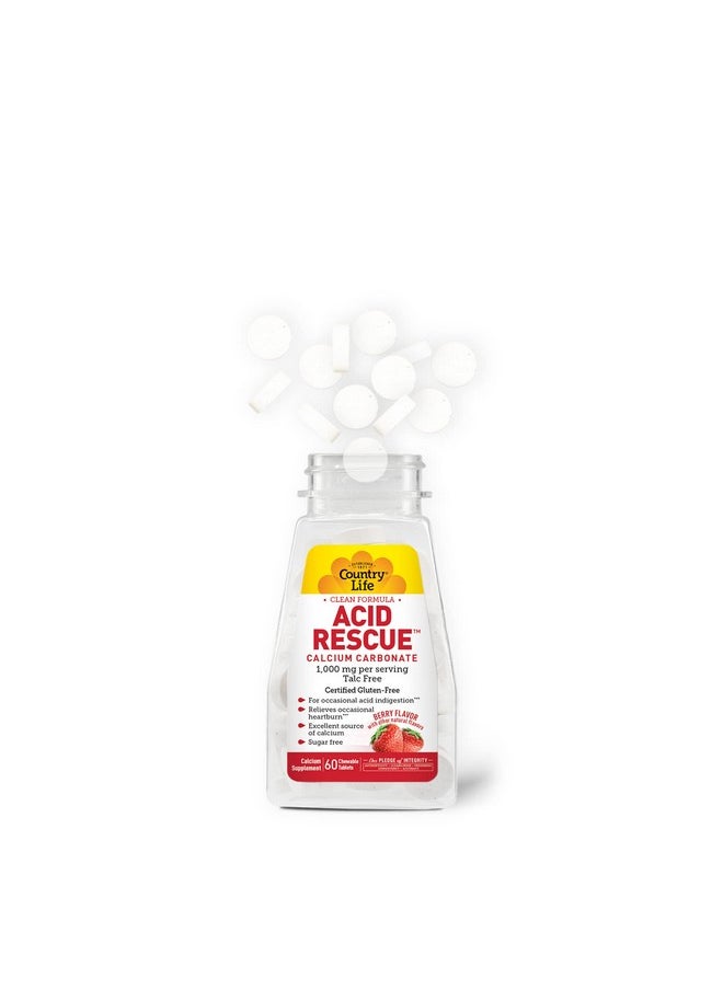 Country Life Acid Rescue Calcium Carbonate Clean Formula 1000Mg Talc Free 60 Chewable Berry Flavor Tablets Sugarfree Certified Gluten Free Certified Vegan Nongmo Verified  - Image 4