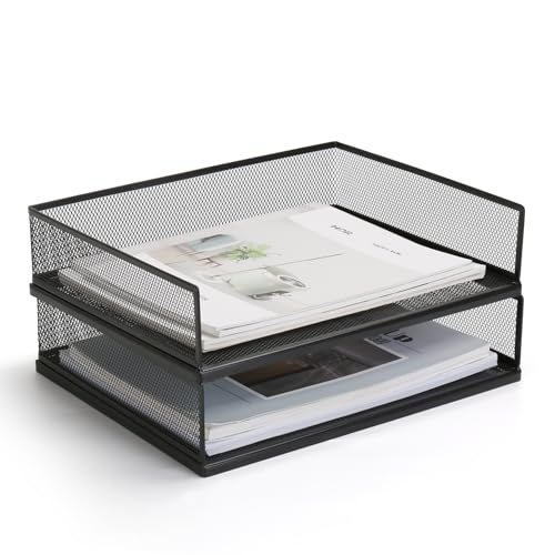 AZFUNN Wire Mesh Letter Trays Paper Tray Desk File Organizer, 2 Pack Stackable Metal Front-Load Documents Tray for Office Supplies File (Transverse) - Image 1