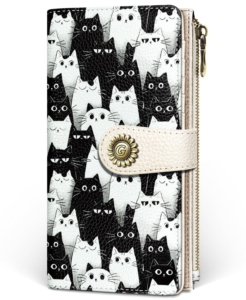 GIANCOMICS White Black Cat Womens Wallet RFID Blocking, Credit Card Holder Bifold, PU Leather Travel Billfold, Long Cute Cash Purse, Zipper Coin Pocket Clutch, 11 Card Slots, Ladies Gift Woman - Image 1