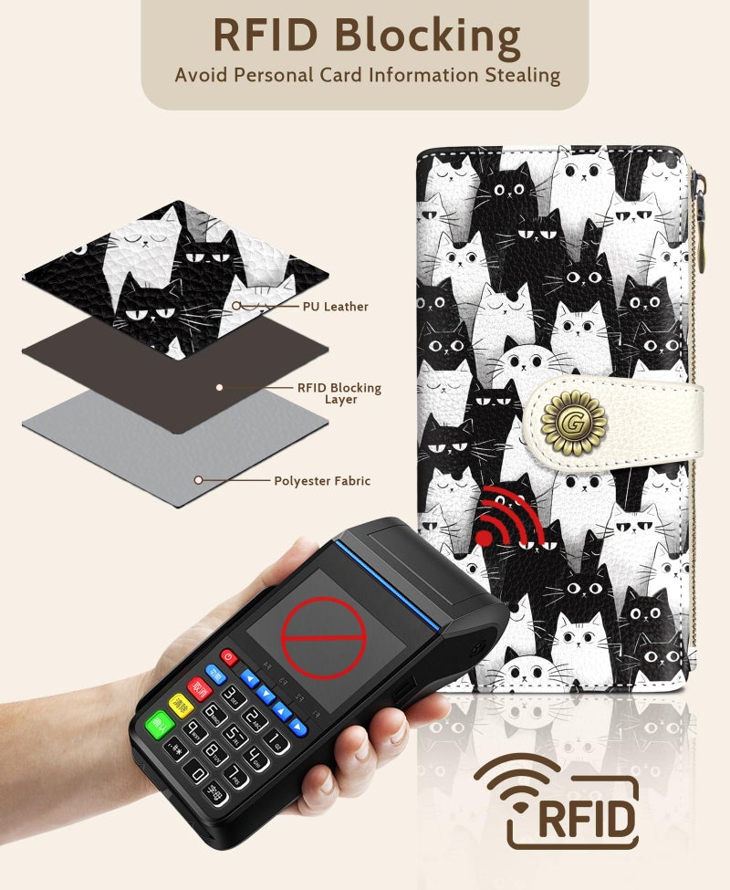GIANCOMICS White Black Cat Womens Wallet RFID Blocking, Credit Card Holder Bifold, PU Leather Travel Billfold, Long Cute Cash Purse, Zipper Coin Pocket Clutch, 11 Card Slots, Ladies Gift Woman - Image 4