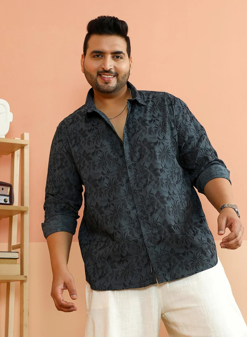 انستافاب بلس قميص رجالي مقاس كبير مطبوع بنقوش نباتية رمادي فحم