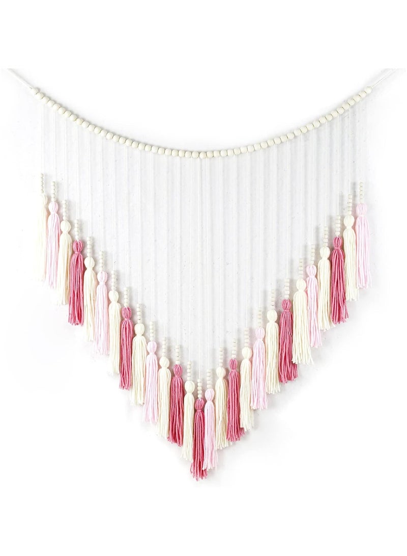 Macrame Wall Hanging, Large Blush Pink Tassel Wall Decor Wood Beads,Boho Garland Decor,Bohemian Tapestry Girls Nursery Bedroom Living Room Dorm Home Decoration Classroom Office Birthday Party 30"X36" - Image 1