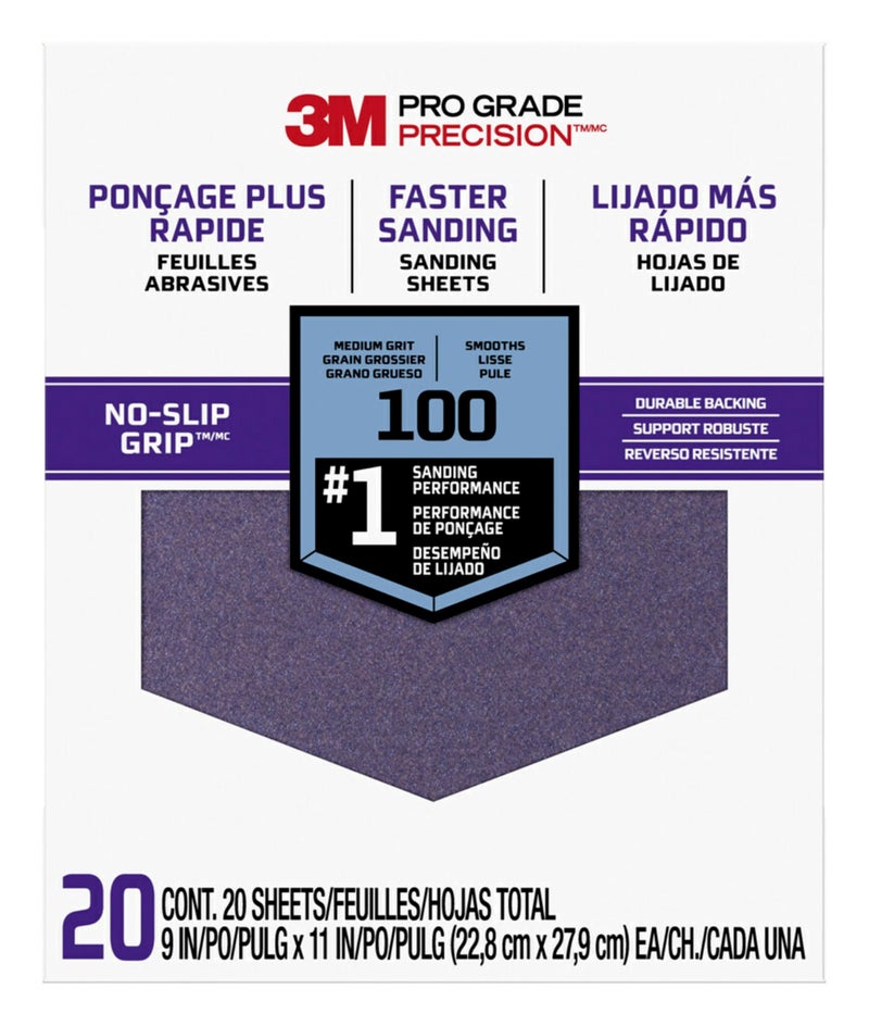 3M Advanced Sandpaper 20 Sheets 100 Grit 3M Pro Grade Precision Features NoSlip Grip Backing 9in x 11in For Sanding Wood Drywall or Metal Can be Used on Wet or Dry Surfaces 26100CPPG