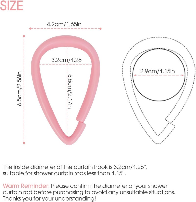 Topspring Pink Plastic Shower Curtain Hooks Rings - 12 Pcs Drop Shaped Light Pink Shower Hooks for Curtain Bathroom Shower Rod - Image 4